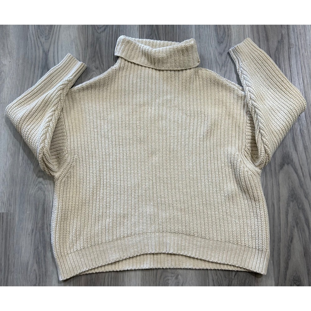 Free People Cream Chunky Ribbed Turtleneck Oversized Cotton Blend Sweater boho s